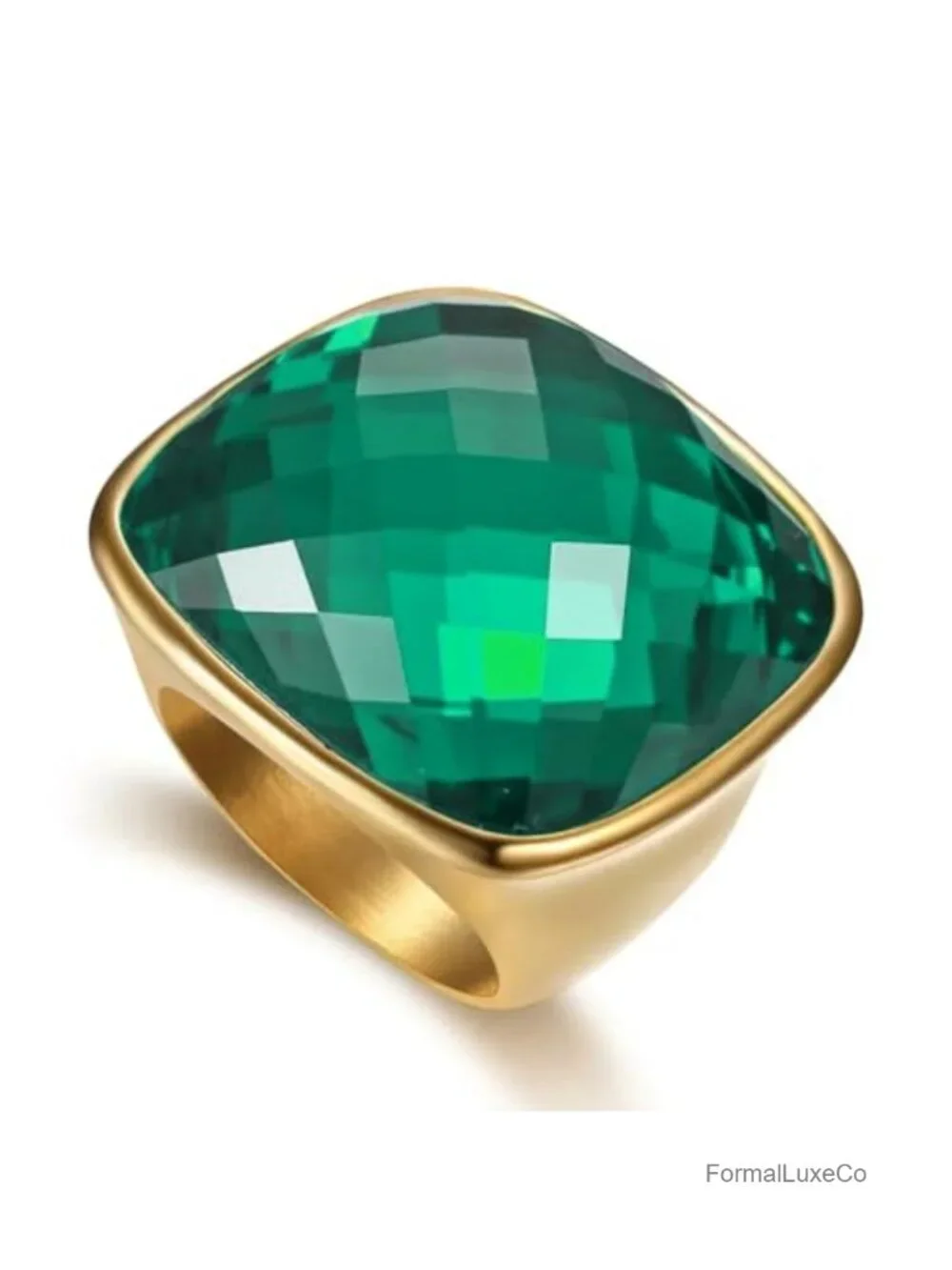 Chunky Square Crystal Cocktail Ring Stainless Steel Gold-Tone Plated Statement
